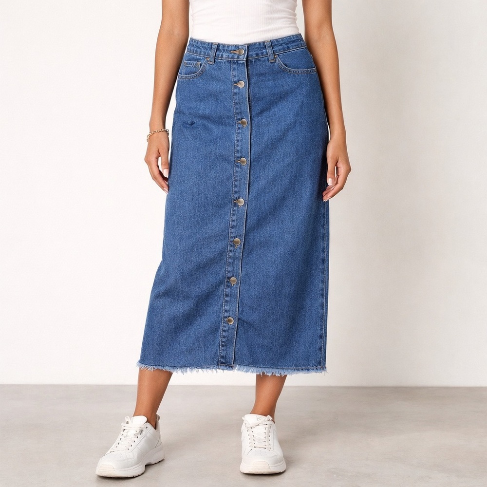 REFKA Casual Dark Wash Denim Button Front Midi Skirt 90s Boho Western